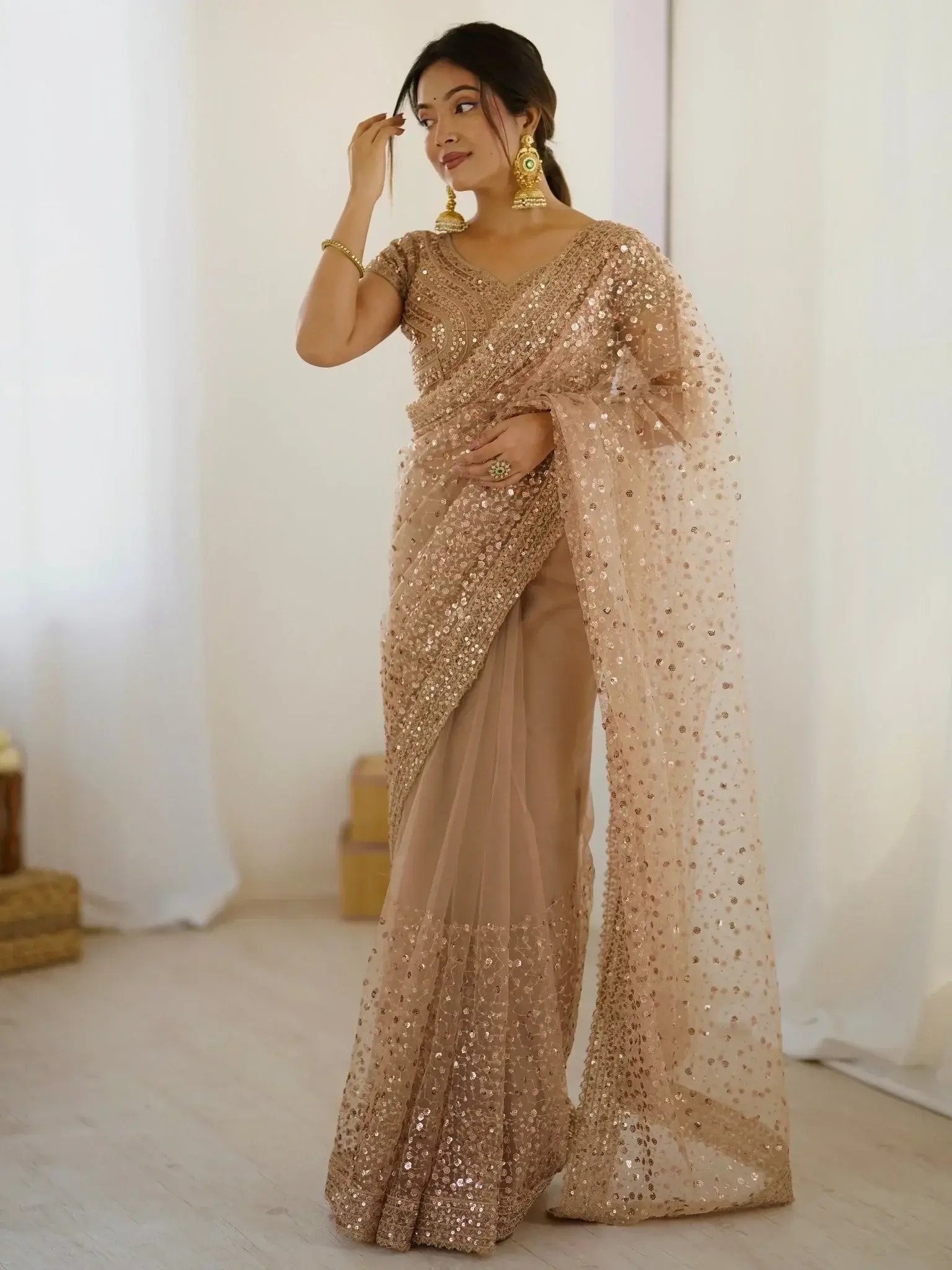 Gorgeous Gold Net Sequins Party Wear Saree With Blouse