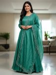 Elegant Teal Sequins Embroidered Silk Festive wear Gown With Dupatta