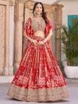 Stunning Red Chinon Digital Printed Wedding Lehenga Choli