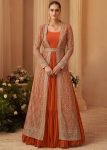 Rust Orange Chiffon Jacket Gown With Sequins Detailing