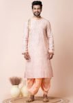 Pink Readymade Men Cotton Dhoti Kurta In Print
