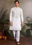 White Men Thread Work Viscose Kurta