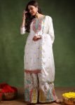 White Embroidered Salwar Suit Set In Chiffon