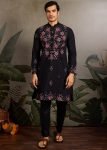 Black Embroidered Viscose Kurta For Men